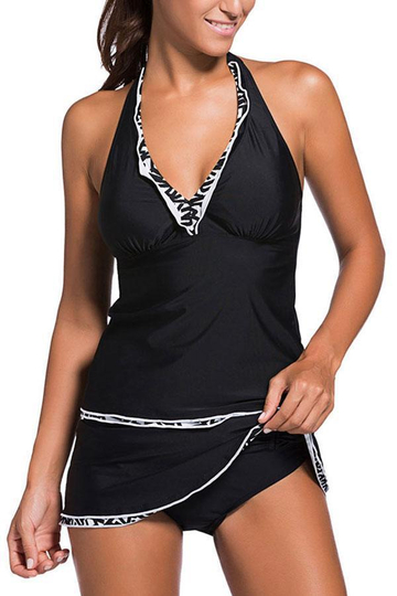 Halter Neck Contrast Binding Tankini Set