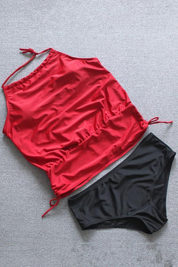 Halter Drawstring Solid Color Tankini Set