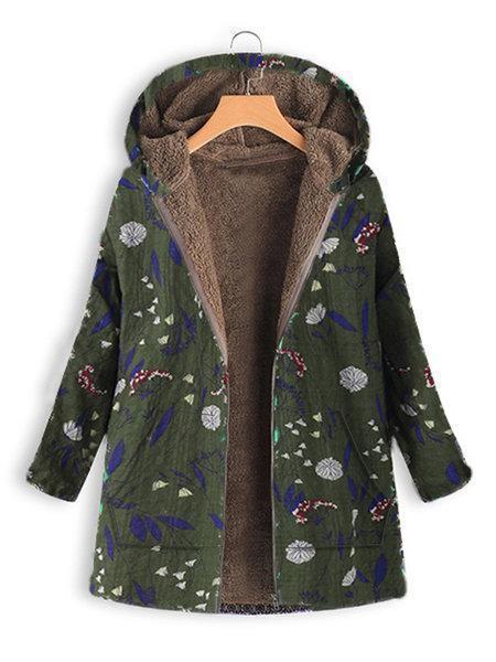 Floral Print Hooded Long Sleeve Pockets Vintage Coat