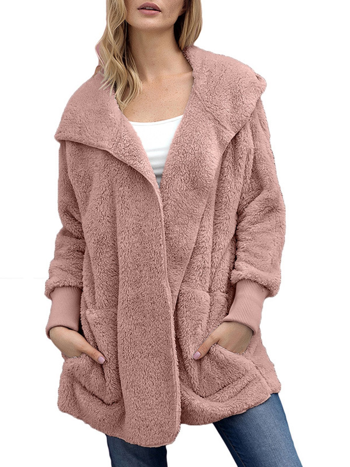 Multicolor Hoodie Solid Wool Pocket Loose Women Coat