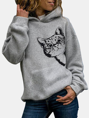 Cat Print Long Sleeve Pocket Casual Hoodie For Women