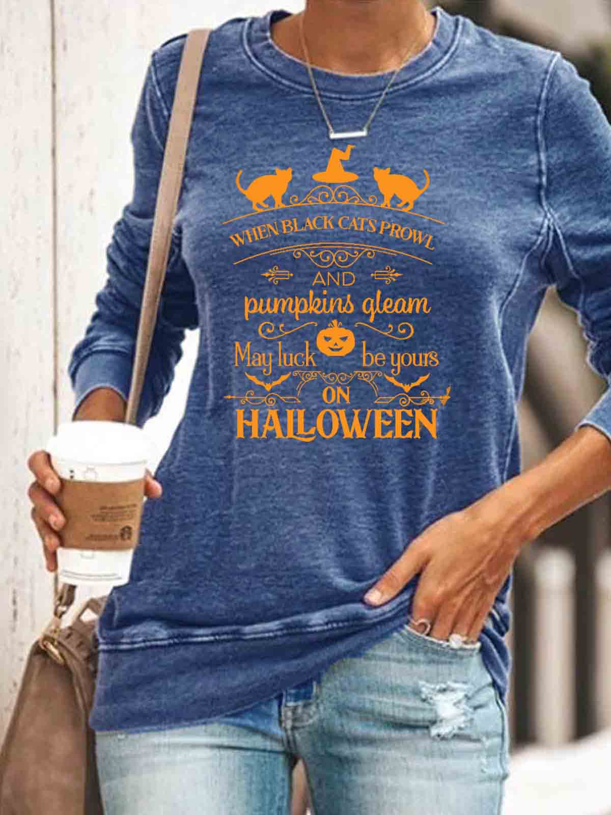 Women's When Black Cats Prowl And Pumpkins Gleam May Luck Be Yours On Halloween Print Top