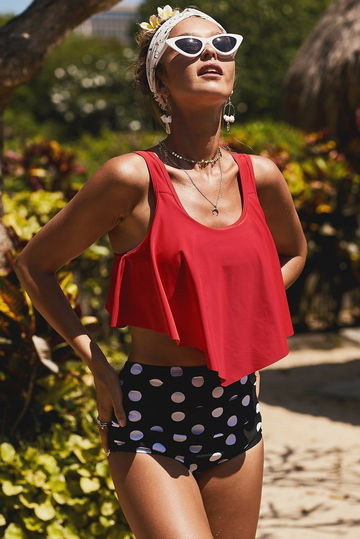 Patriotic Print Crop Ruffled Overlay High Waist Red Tankini Set
