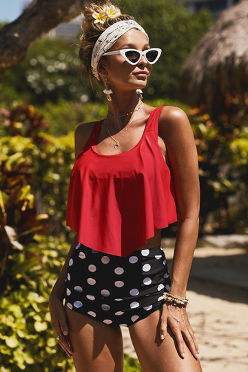Patriotic Print Crop Ruffled Overlay High Waist Red Tankini Set