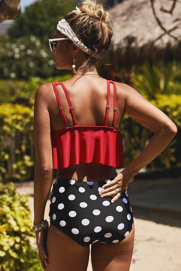 Patriotic Print Crop Ruffled Overlay High Waist Red Tankini Set