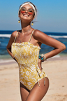 Yellow Side Tie Flower Print One Piece Swimsuit