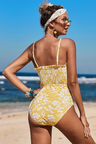 Yellow Side Tie Flower Print One Piece Swimsuit