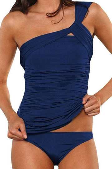 One Shoulder Ruched Navy Tankini Set