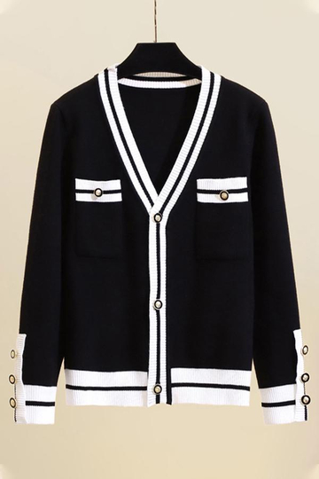 Knitted Color-block Striped Jacquard Ribbed Buttons Down Cardigan