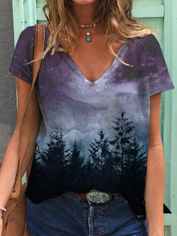 Ladies Starry Sky Forest Print Short Sleeve T-shirt