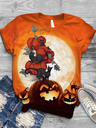 Ladies Halloween Pumpkin Cat Printed Round Collar T-shirts