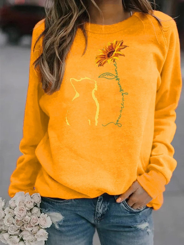 Cat and Sunflower Print Crew Neck Sweatshirt