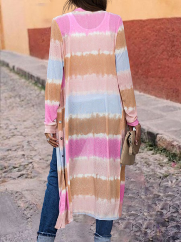 Women's Tie-dye Color Stripe Printed Long-sleeved Cardigan Top