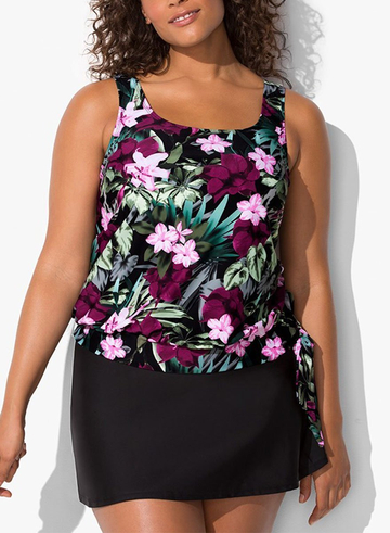 DERBY SIDE TIE BLOUSON TANKINI WITH BLACK SKIRT