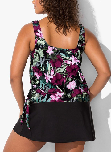 Derby Side Tie Blouson Tankini With Black Skirt