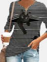 Black Cat Print Zipper V-neck White Striped Plus Size T-shirt