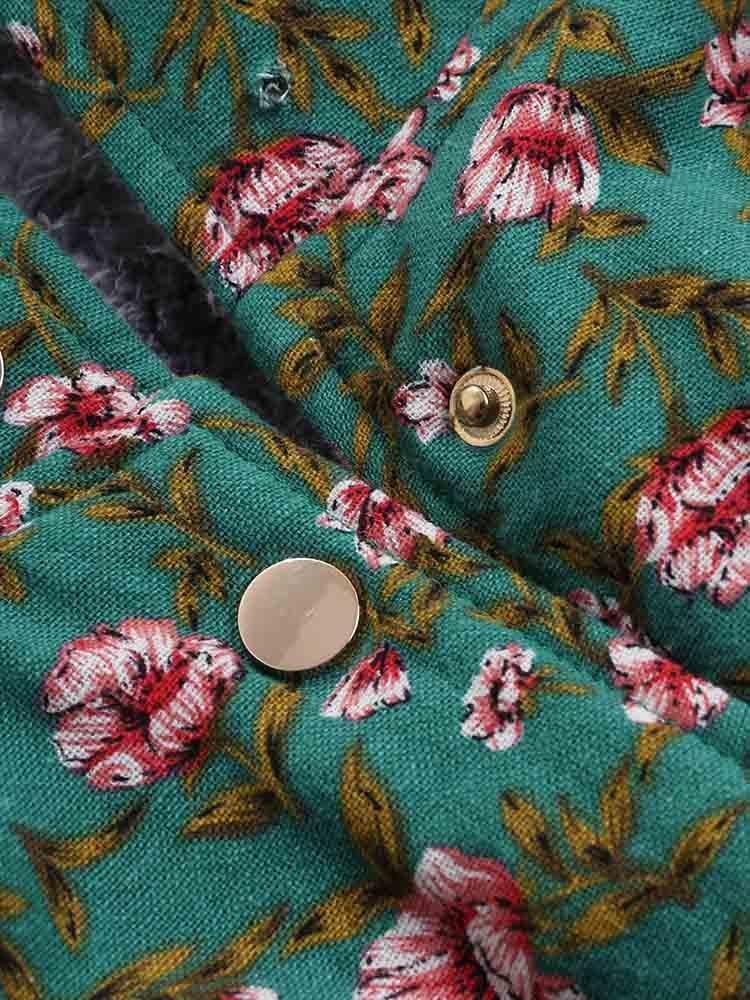 Floral Printed Hooded Long Sleeve Fleece Coat