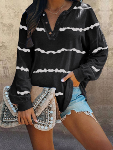 Striped Printed V-neck Buttoned Long-sleeved T-shirt