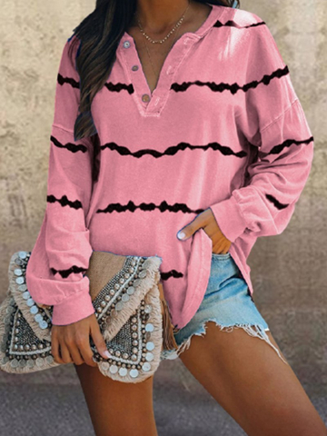 Striped Printed V-neck Buttoned Long-sleeved T-shirt