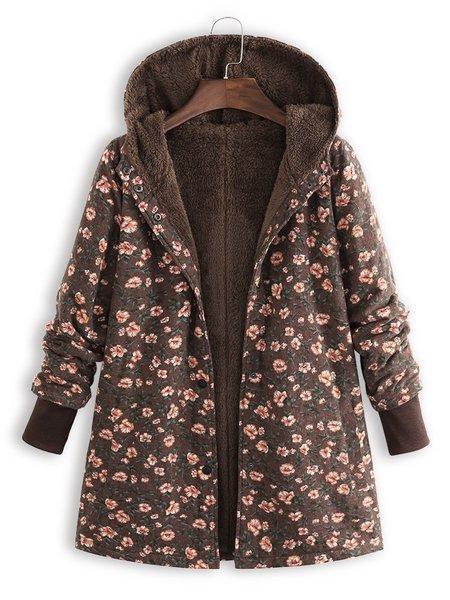 Floral Printed Hooded Long Sleeve Fleece Coat