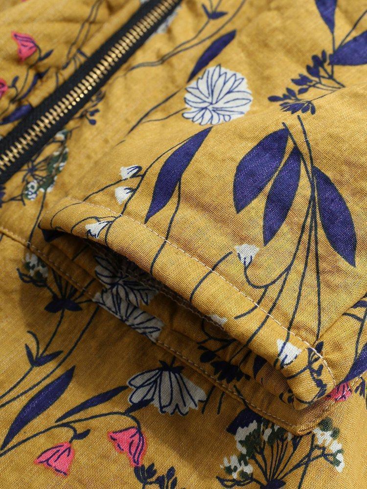 Floral Print Hooded Long Sleeve Pockets Vintage Coat