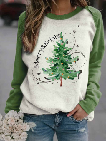 Women's Merry & Bright Christmas Tree Print Contrast Sweatshirt