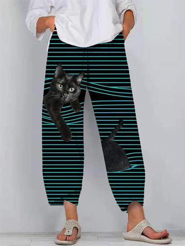 Black Cat Print Striped Patchwork Elastic Waist Plus Size Pants