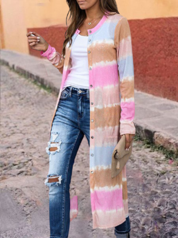 Women's Tie-dye Color Stripe Printed Long-sleeved Cardigan Top