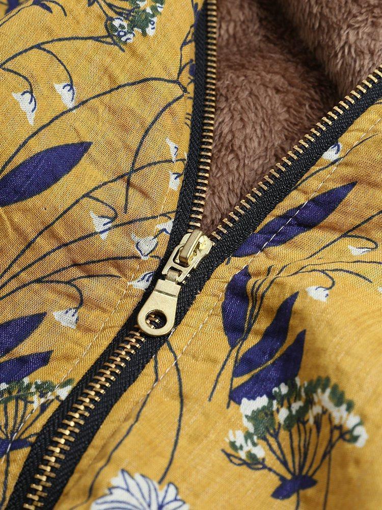 Floral Print Hooded Long Sleeve Pockets Vintage Coat