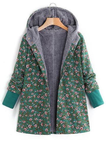 Floral Printed Hooded Long Sleeve Fleece Coat