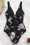 Black Floral Lace-Up One-Piece Swimsuit