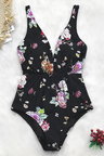 Black Floral Lace-Up One-Piece Swimsuit