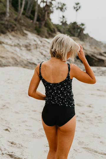 Front Blouson Tankini In Black Itsy Daisy