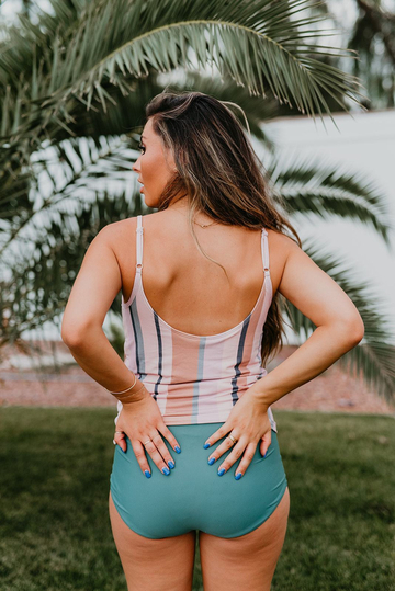 TIE FRONT BLOUSON TANKINI SET IN MAUVE STRIPE