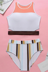 Color Panel Striped Racerback Cutout Crop Bikini Swimsuit