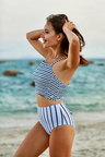 Striped Strappy Bikini Top With High Waist Bottom