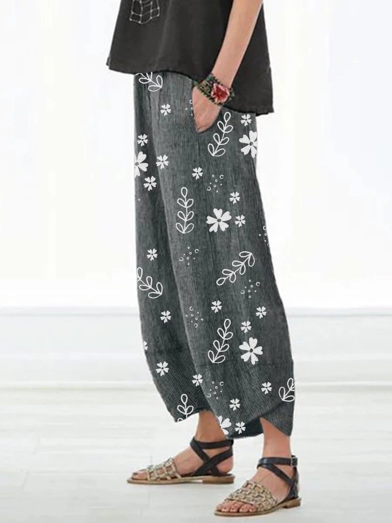 CASUAL FLORAL PRINTED POCKETS WOMEN ALL SEASON PANTS