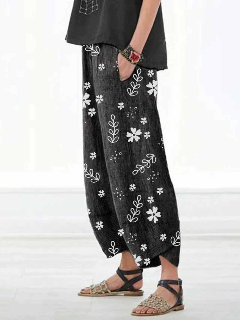 CASUAL FLORAL PRINTED POCKETS WOMEN ALL SEASON PANTS