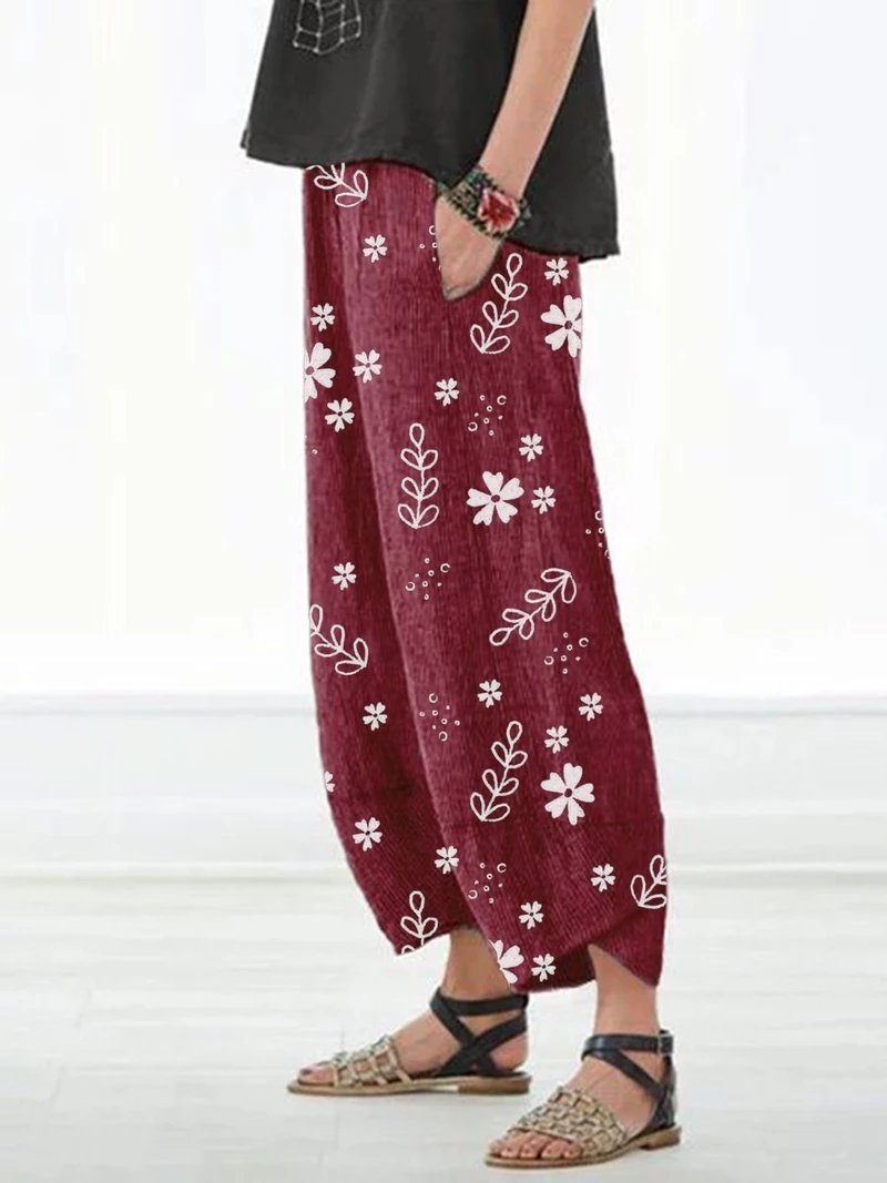 CASUAL FLORAL PRINTED POCKETS WOMEN ALL SEASON PANTS