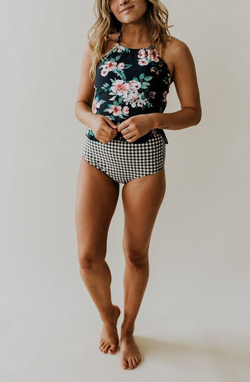 Rose Print with Plaid Tankini Set