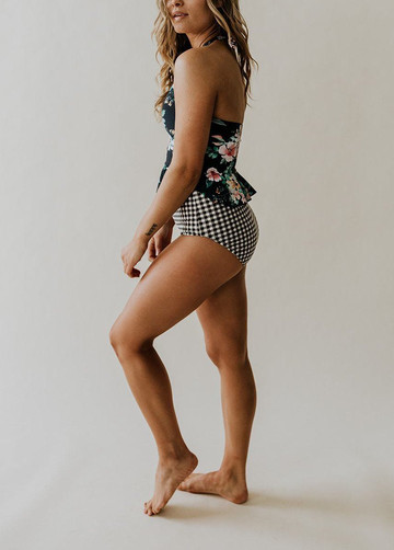 Rose Print with Plaid Tankini Set