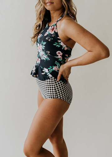 Rose Print with Plaid Tankini Set