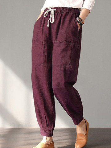 Hot Cotton Solid Pockets Vintage Linen Plus Size Casual Pants