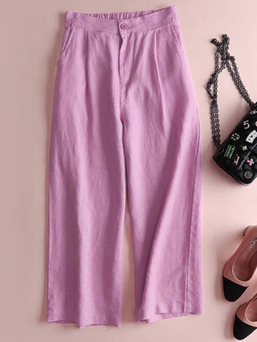 Solid Pockets Elastic Linen Casual Straight Pants