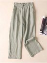 Solid Pockets Elastic Linen Casual Straight Pants