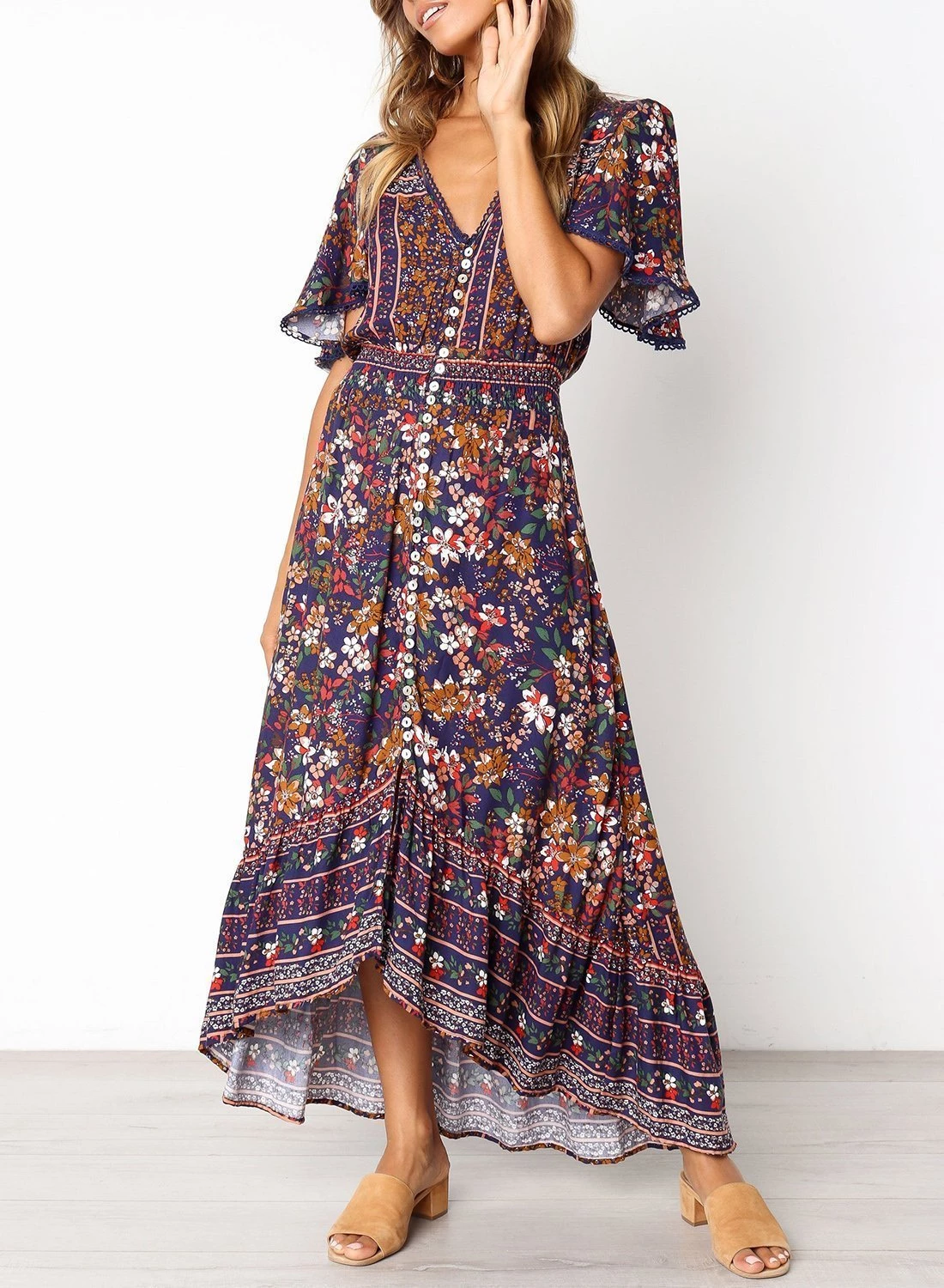 button front floral drop hem maxi skirt