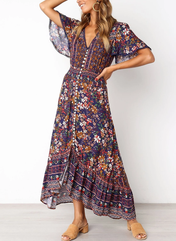 Lace Trim Button Front Floral Maxi Dress