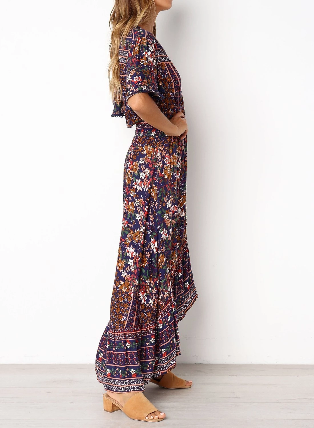 button front floral drop hem maxi skirt