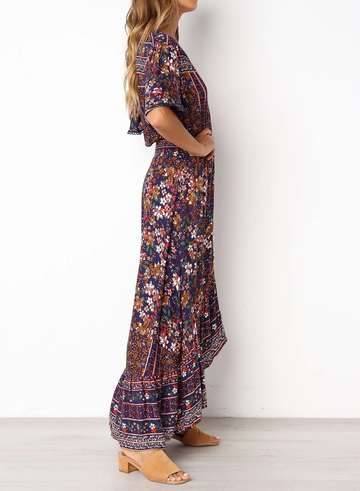 Lace Trim Button Front Floral Maxi Dress