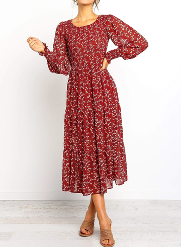 Round Neck Long Sleeve Tiered Dress